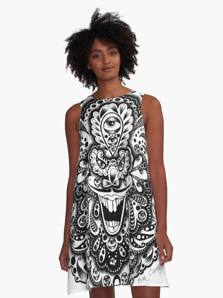 Thumbnail 1 of 4, A-Line Dress, Black & white abstract eye art designed and sold by Eclectic-Kim.