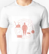 Fat woman and different sports equipment. Unisex T-Shirt