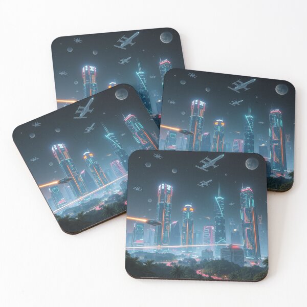 Item preview, Futuristic Cityscape A Night of Neon and Spacecraft designed and sold by Visual-Pulse.