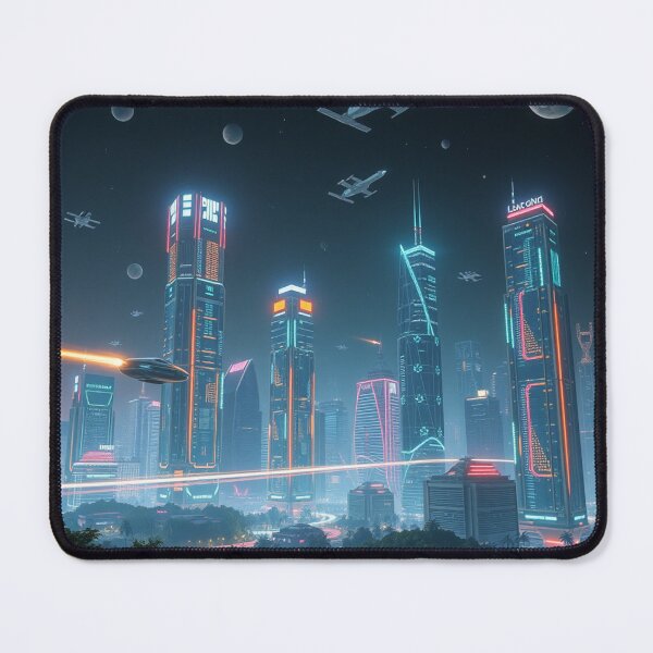 Item preview, Futuristic Cityscape A Night of Neon and Spacecraft designed and sold by Visual-Pulse.