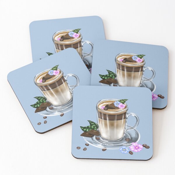 Item preview, An artfully served latte macchiato in a glass on a saucer, surrounded by coffee beans, chocolate pieces and flowers designed and sold by katecheerycake.