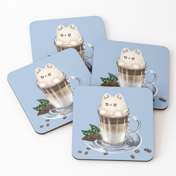Item preview, A latte macchiato in a glass, served on a saucer, surrounded by coffee beans, chocolate chips and leaves – topped with whipped cream in the shape of a cute cat designed and sold by katecheerycake.