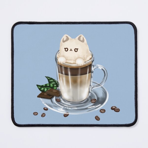 Item preview, A latte macchiato in a glass, served on a saucer, surrounded by coffee beans, chocolate chips and leaves – topped with whipped cream in the shape of a cute cat designed and sold by katecheerycake.