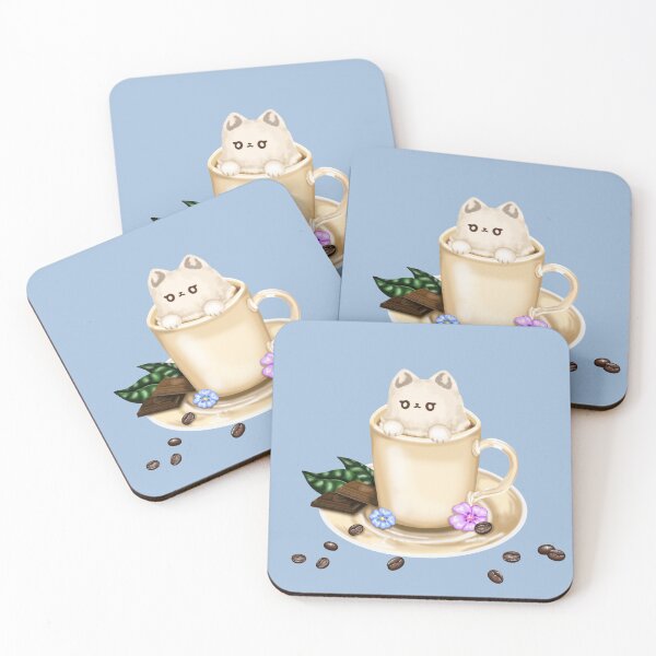 Item preview, A warm cup of coffee, served on a saucer, surrounded by coffee beans, chocolate chips and flowers – topped with whipped cream in the shape of a cute cat designed and sold by katecheerycake.