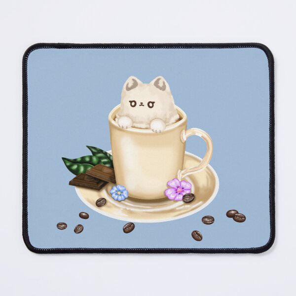 Item preview, A warm cup of coffee, served on a saucer, surrounded by coffee beans, chocolate chips and flowers – topped with whipped cream in the shape of a cute cat designed and sold by katecheerycake.