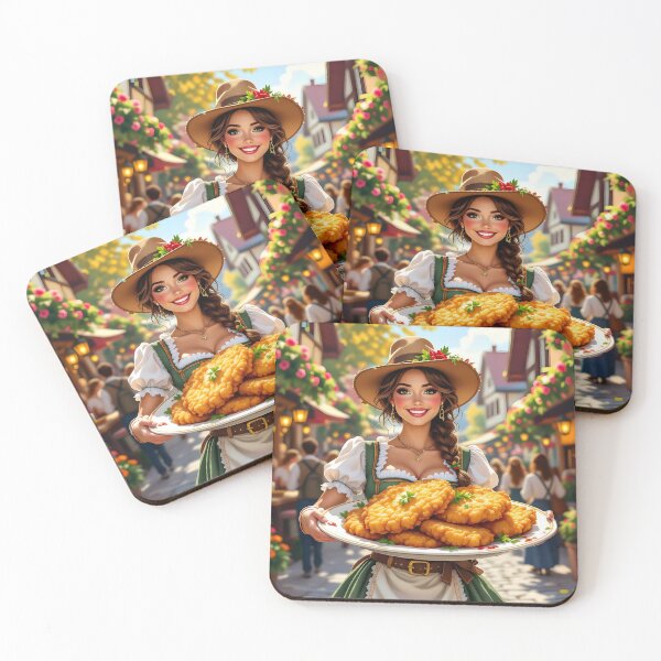 Item preview, Bavarian Dirndl Girl with Giant Plate of Schnitzels – Funny Festival Art designed and sold by EmeraldeaArt.