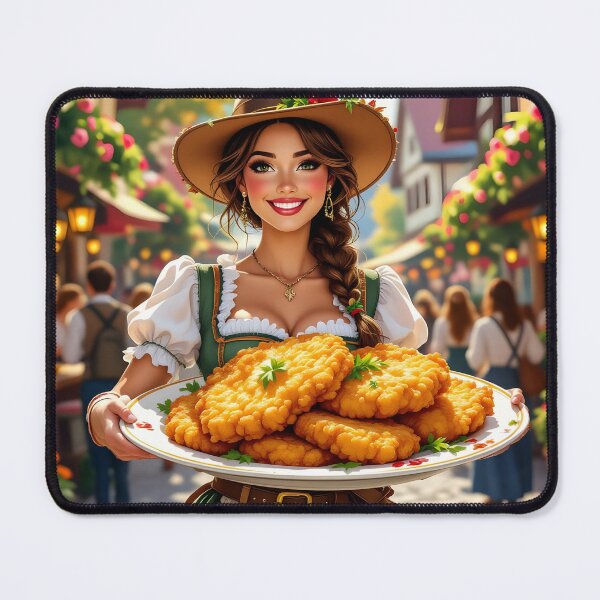 Item preview, Bavarian Dirndl Girl with Giant Plate of Schnitzels – Funny Festival Art designed and sold by EmeraldeaArt.