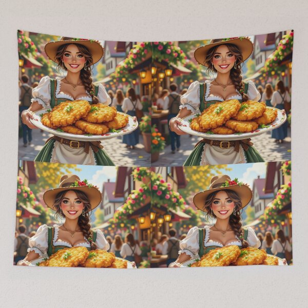 Item preview, Bavarian Dirndl Girl with Giant Plate of Schnitzels – Funny Festival Art designed and sold by EmeraldeaArt.