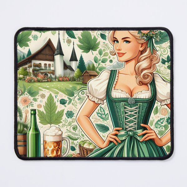 Item preview, Blonde Dirndl Girl in Green Dress – Bavarian Countryside Beer Fest Art designed and sold by EmeraldeaArt.