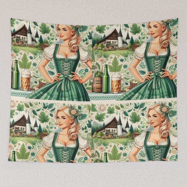 Item preview, Blonde Dirndl Girl in Green Dress – Bavarian Countryside Beer Fest Art designed and sold by EmeraldeaArt.