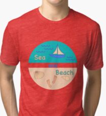 Sea, waves, beach, yacht, seashells, footprint. Tri-blend T-Shirt