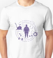 Fat man and different sports equipment. Unisex T-Shirt