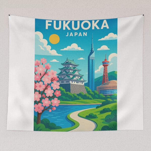 Item preview, Fukuoka Japan with Cherry Blossoms and Landmarks designed and sold by Places On Earth.