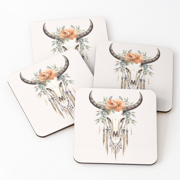 Item preview, Boho Cow Skull with Flowers and Feathers Art designed and sold by Parkerzz.