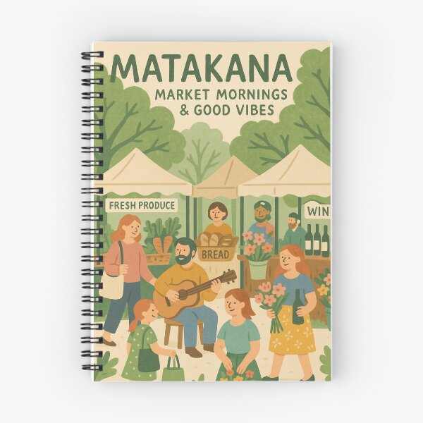 Artikelvorschau, Matakana-Marktszene mit frischen Produkten und Live-Musik entworfen und verkauft von Places On Earth.