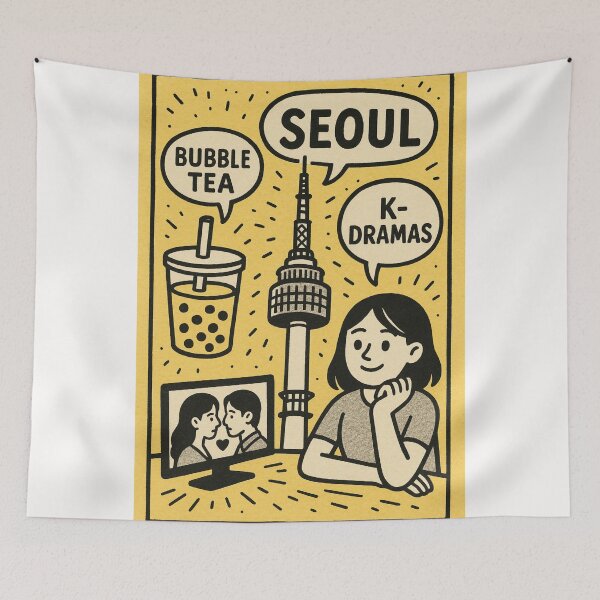 Item preview, Seoul Korea Icons with Namsan Tower and Pop Culture designed and sold by Places On Earth.
