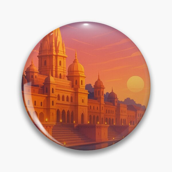 Artikelvorschau, Ayodhya Indien Riverfront Tempel bei Sonnenuntergang entworfen und verkauft von Aryabek.