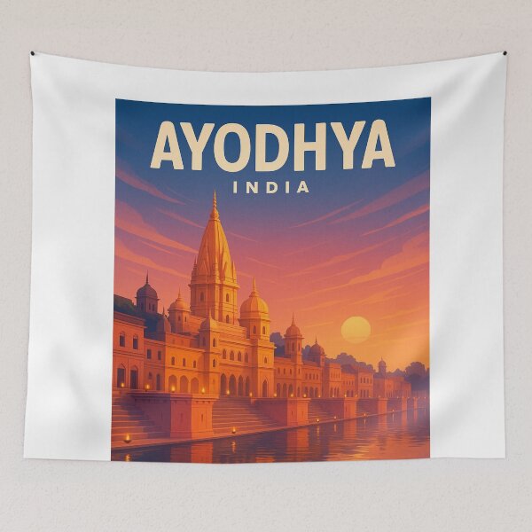 Item preview, Ayodhya India Riverfront Temple at Sunset designed and sold by Aryabek.