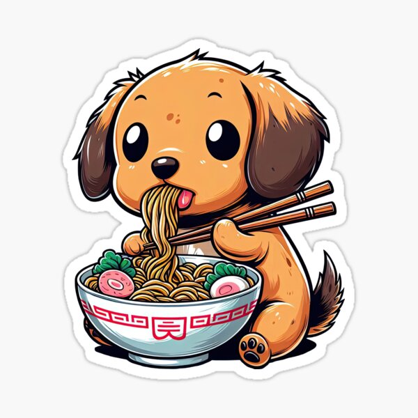 Vista previa del artículo con la obra «Perro salchicha de anime comiendo fideos ramen», diseñado y vendido por doodIllustrate.