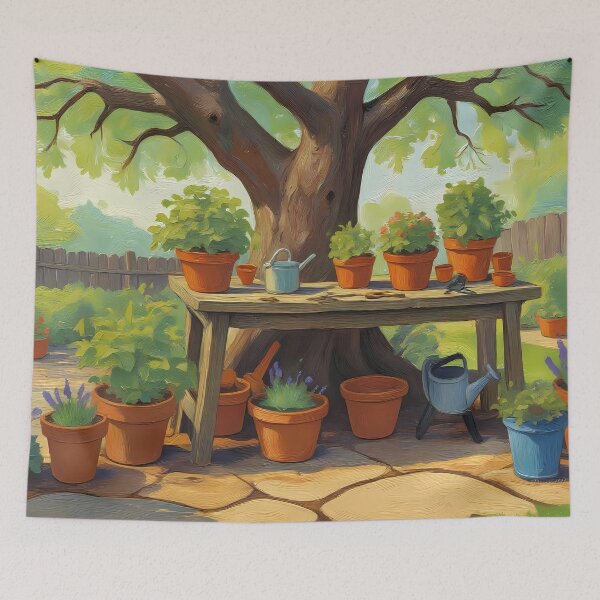 Item preview, Shaded Potting Bench Retreat: Countryside Oil Art designed and sold by Perennial Home & Gardens.