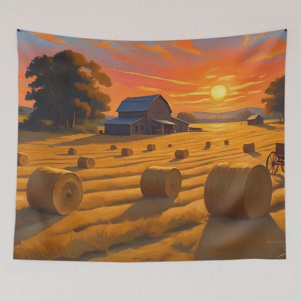 Item preview, Hayfield at Dusk: Golden-Hour Farm Painting designed and sold by Perennial Home & Gardens.