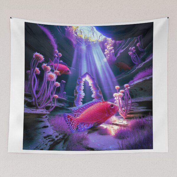 Item preview, Strawberry Peacock Cichlid Underwater Scape Fantasy Surreal Aquarium Art designed and sold by Aquarium Eclipse.