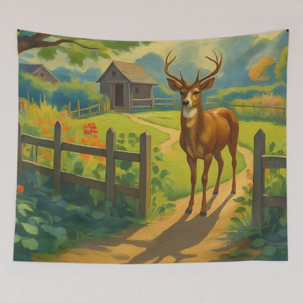 Item preview, Curious Deer at the Gate: Vintage Oil Landscape designed and sold by Perennial Home & Gardens.