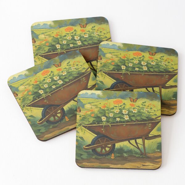 Item preview, Floral Wheelbarrow in Golden Light: Vintage Oil Landscape designed and sold by Perennial Home & Gardens.