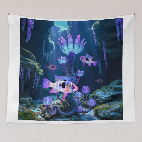 Item preview, Blue Ram Cichlid Underwater Scape Fantasy Surreal Aquarium Art designed and sold by Aquarium Eclipse.