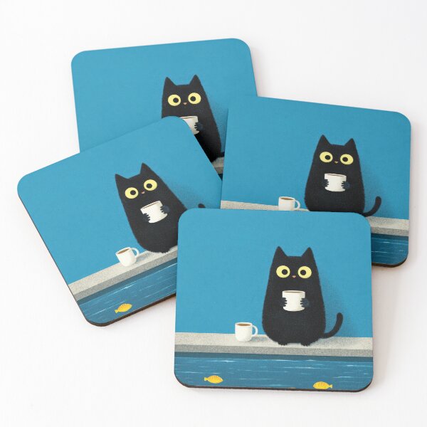 Item preview, Double Coffee & Fish Thoughts – Cute Black Cat Illustration designed and sold by Tenalxp.