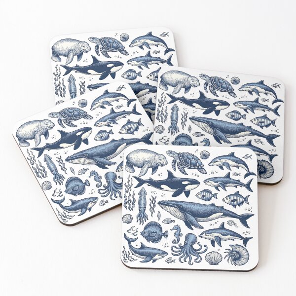 Item preview, Vintage Ocean Creatures Illustration in Deep Sea Blue designed and sold by ArtfulWeave.