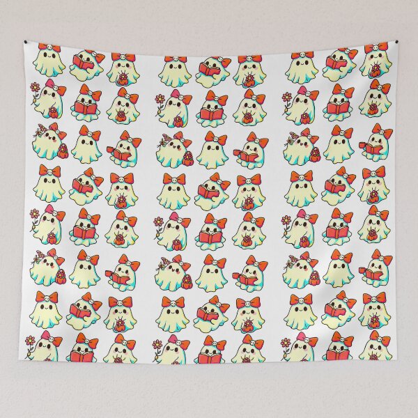 Item preview, Cute Ghost Girls with Bows Reading and Holding Flowers designed and sold by ArtfulWeave.