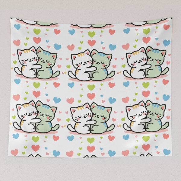 Item preview, Hugging Kawaii Cats Surrounded by Colorful Hearts designed and sold by ArtfulWeave.