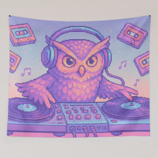 Artikelvorschau, Pixel DJ Eule mit Kopfhörern entworfen und verkauft von SassyArtistry.