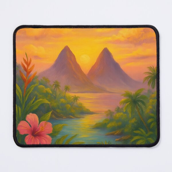 Item preview, Tropical Sunset Dreams – Island Landscape with Twin Peaks and Hibiscus designed and sold by Nalinthip.