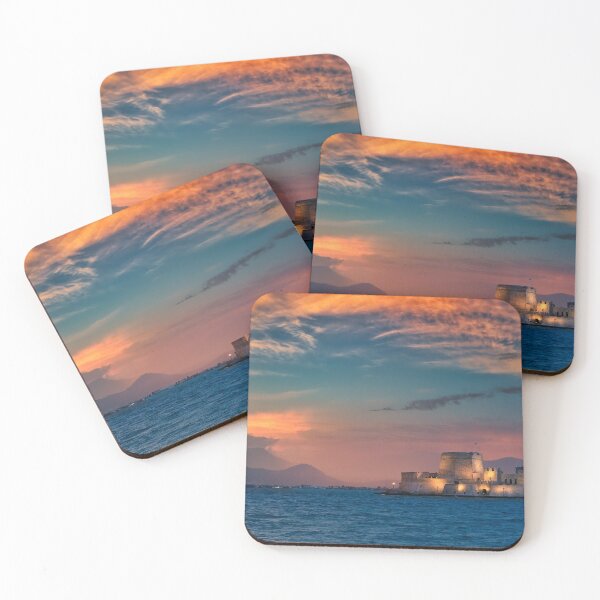 Item preview, Dramatic sky sunset over the castle Bourtzi in Nafplio, Peloponnese, Greece designed and sold by goceris.