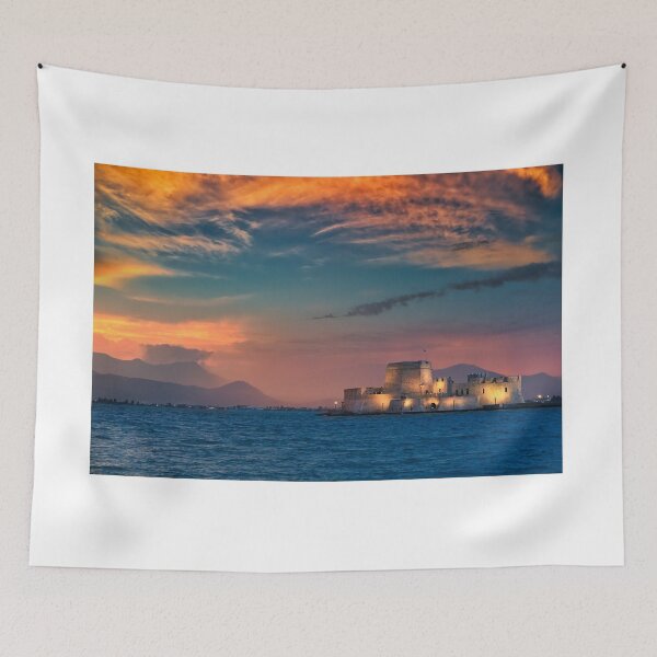 Item preview, Dramatic sky sunset over the castle Bourtzi in Nafplio, Peloponnese, Greece designed and sold by goceris.