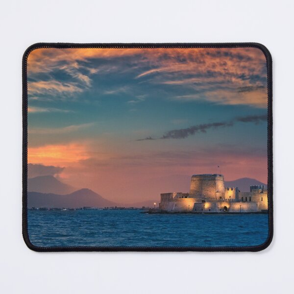 Item preview, Dramatic sky sunset over the castle Bourtzi in Nafplio, Peloponnese, Greece designed and sold by goceris.