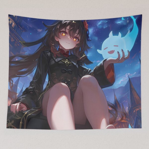 Item preview, tao Hu Tao Genshin Impact Ghost Glow Night Sky Tower View designed and sold by Cautenjari.