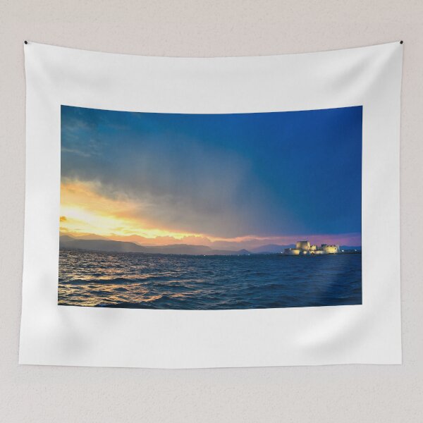 Item preview, Dramatic sky sunset over the castle Bourtzi in Nafplio, Greece designed and sold by goceris.