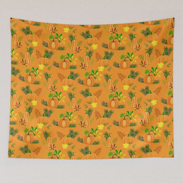 Item preview, Orange pumpkins, berries, acorns, colorful autumn leaves, orange background. Seamless floral pattern-147. designed and sold by Natalya Alexandrou.