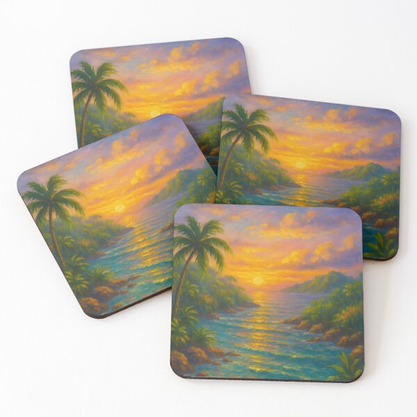 Item preview, Golden Island Sunset Tropical Seascape with Palm Trees and Glowing Ocean designed and sold by Nalinthip.