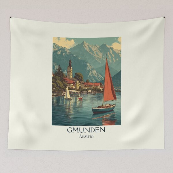 Item preview, Gmunden Austria Vintage Travel Poster - Traunsee Lakeside Scene designed and sold by TuncGK.