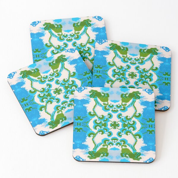Item preview, Preppy, grandmillennial bright blue and green Ikat with chinoiserie elements and Foo dogs designed and sold by SophieClimaArt.
