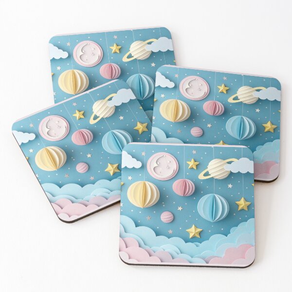 Item preview, Paper art origami abstract concept with stars, planets. Paper art origami abstract concept with stars, fluffy clouds, full moon, different planets of solar system in pastel colors designed and sold by elkuni.
