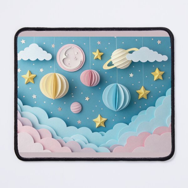 Item preview, Paper art origami abstract concept with stars, planets. Paper art origami abstract concept with stars, fluffy clouds, full moon, different planets of solar system in pastel colors designed and sold by elkuni.