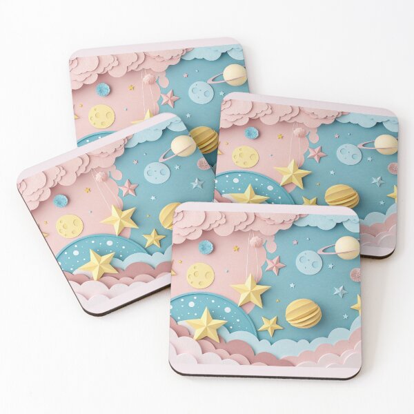 Item preview, Paper art origami abstract concept with stars, planets. Paper art origami abstract concept with stars, fluffy clouds, full moon, different planets of solar system in pastel colors designed and sold by elkuni.