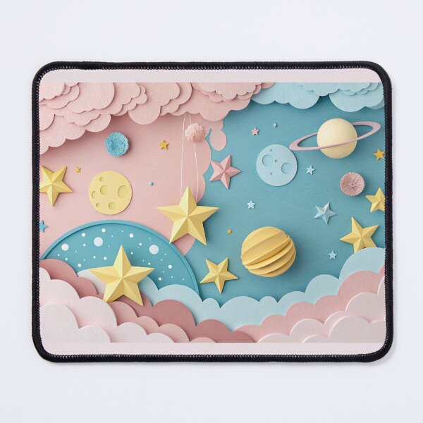 Item preview, Paper art origami abstract concept with stars, planets. Paper art origami abstract concept with stars, fluffy clouds, full moon, different planets of solar system in pastel colors designed and sold by elkuni.