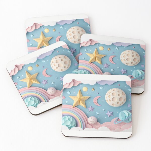 Item preview, Paper art origami abstract concept with stars, planets. Paper art origami abstract concept with stars, fluffy clouds, full moon, different planets of solar system in pastel colors designed and sold by elkuni.