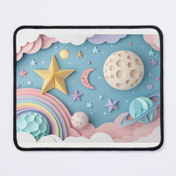 Item preview, Paper art origami abstract concept with stars, planets. Paper art origami abstract concept with stars, fluffy clouds, full moon, different planets of solar system in pastel colors designed and sold by elkuni.